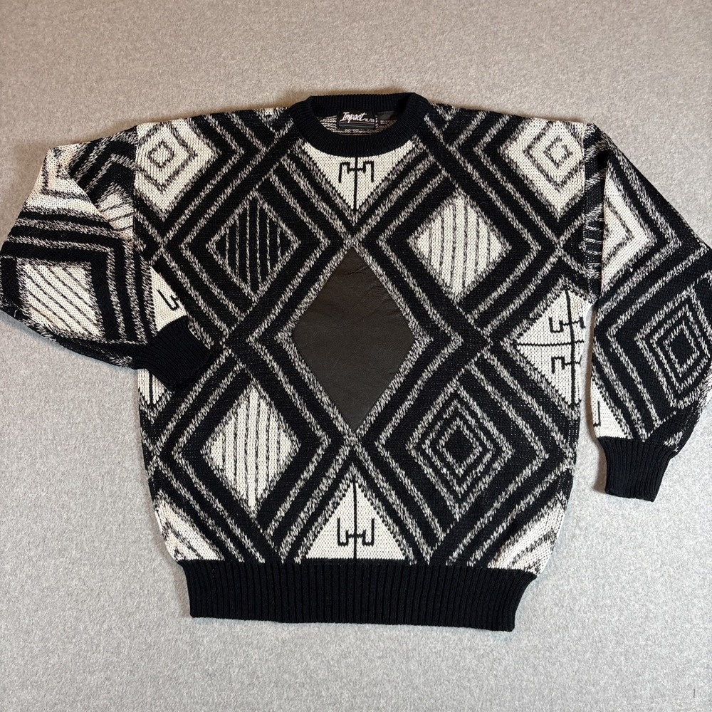 VTG Impact Sweater Black/White Acrylic Diamond Leather Patch Sz XL 80s‎ 90s